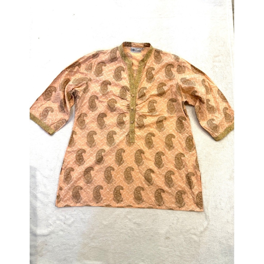 Westside Peach Gold Paisley Cotton Tunic Top XL Crochet Lace Trim 3/4 Sleeve